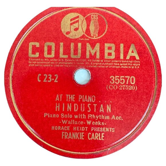 Frankie Carle At The Piano Hindustan 10in Shellac 78 RPM Columbia 35570 Vintage - Picture 2 of 4